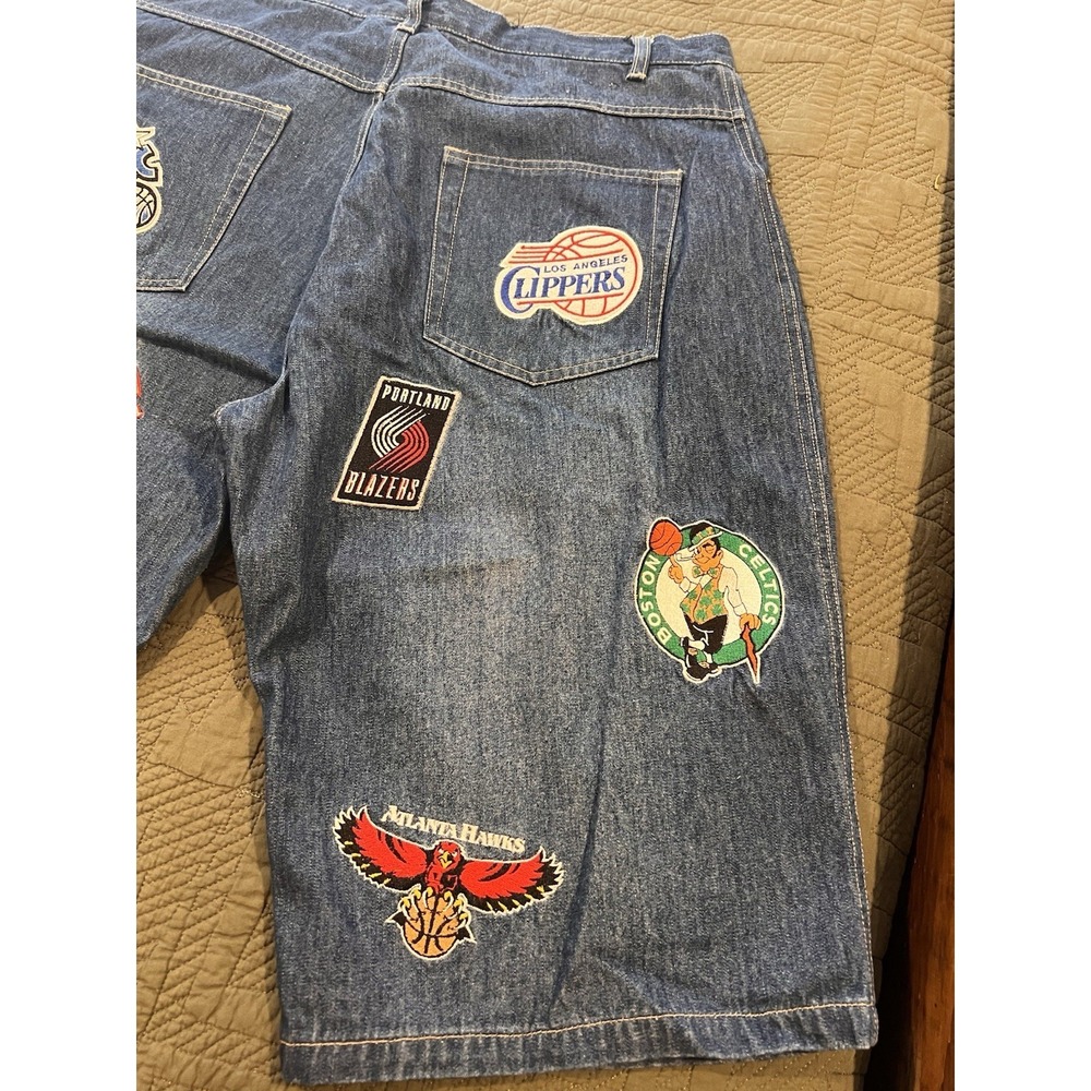 Unk NBA Blue Jean Shorts Vintage 90s Size 36 With 16 Team Patches - Picture 8 of 13
